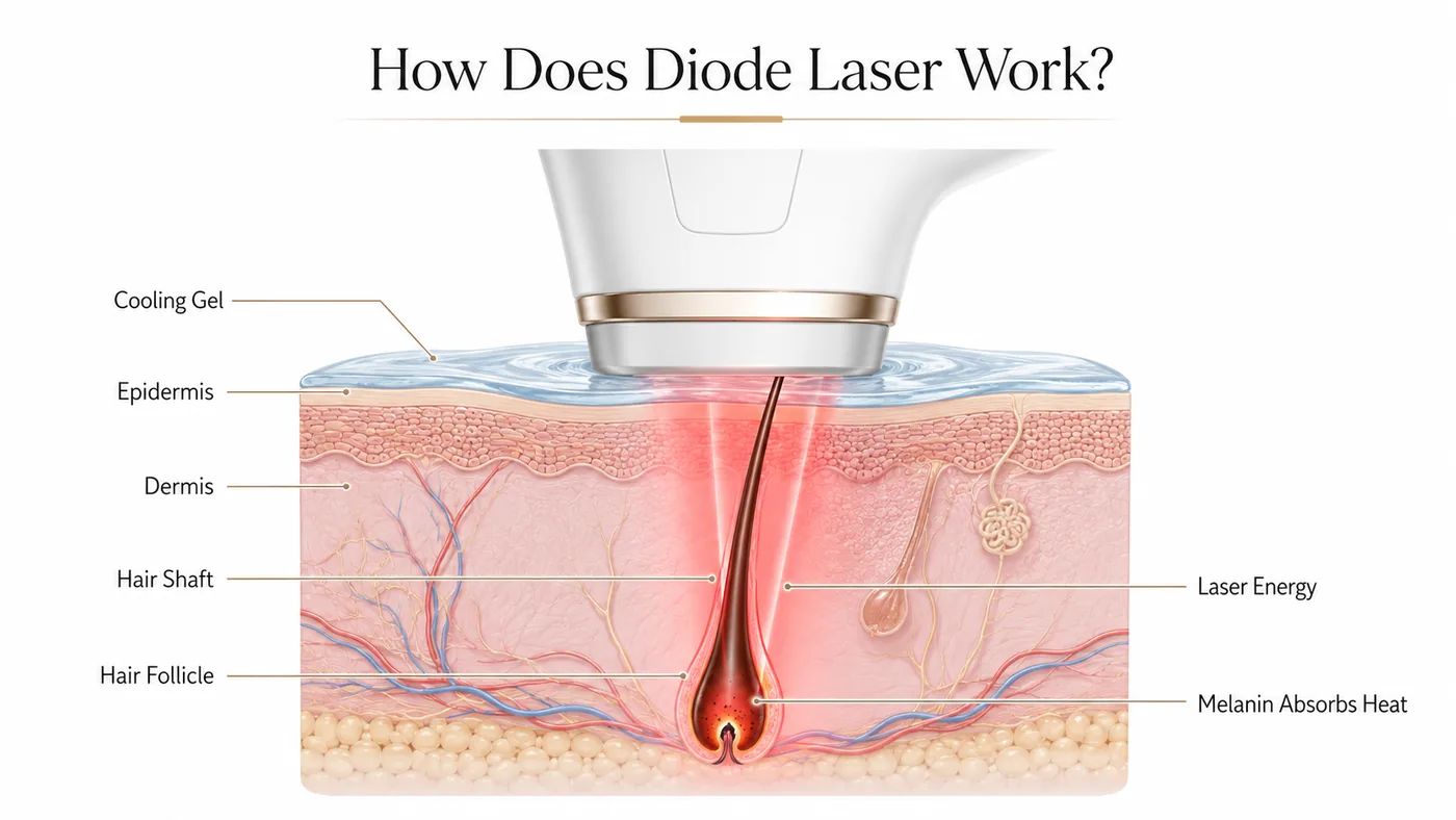Diagram showing diode laser beam passing through skin and targeting the hair follicle